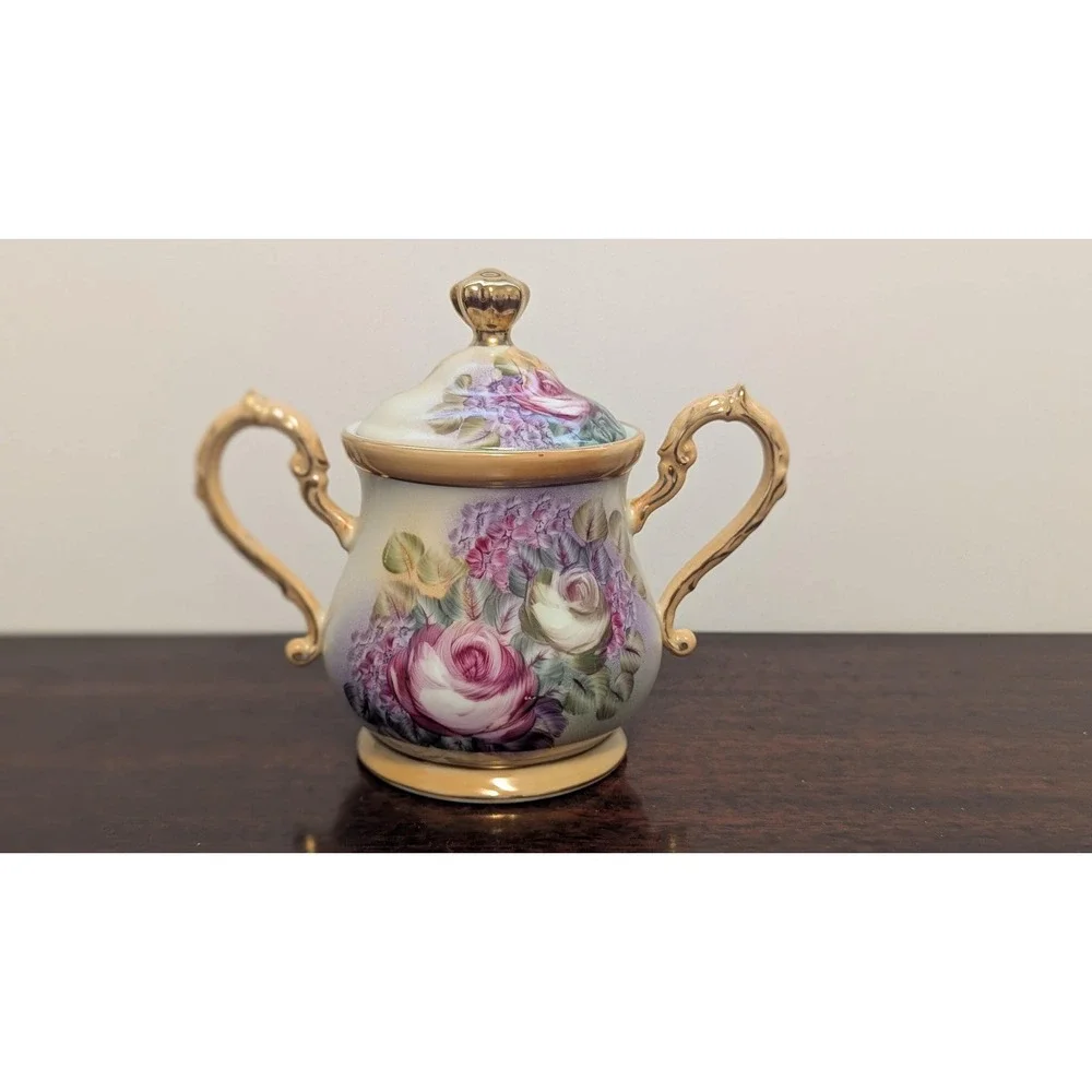 Vintage Rose Porcelain Tea Set Teapot Sugar Bowl Cups Cottagecore Floral Gold